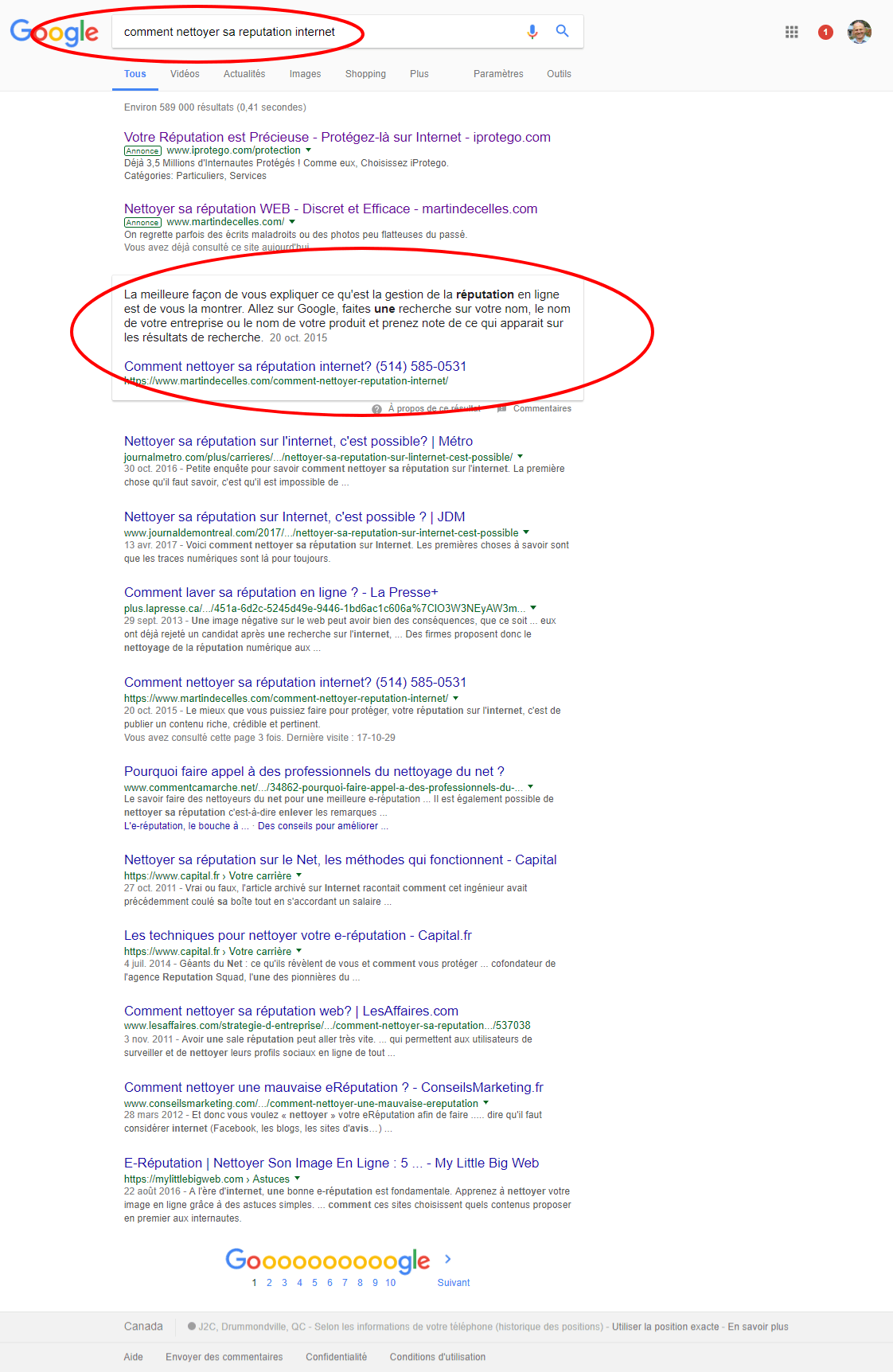 La premiere page de Google avec Featured Snippet,extrait optimisé. Référencement Zero