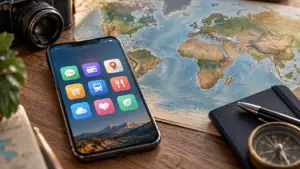 Téléphone intelligent avec des applications mobiles devant une carte du monde, illustrant les usages numériques sur chaque continent.