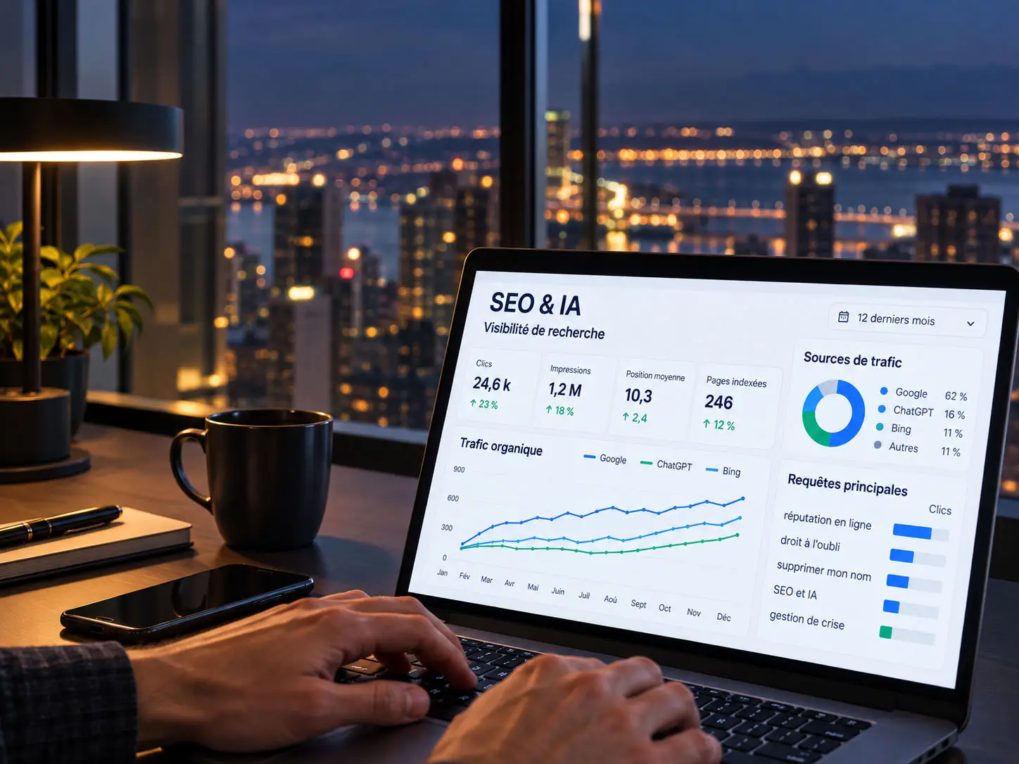 Martin Decelles, vu de dos, analyse un tableau de bord SEO et intelligence artificielle sur son ordinateur, devant le panorama de Montréal.